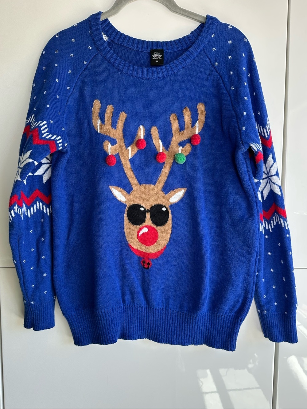 Ugly Christmas Sweater Reindeer with Sunglasses Size Medium Pom Poms